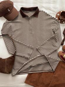 Comfortcana 女士条纹落肩长袖休闲宽松Polo领T恤 女士Polo衫 条纹Polo衫 - 彩色 - 查看 6
