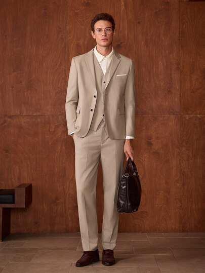 Officeau 男士修身商务休闲西装三件套，包括外套、裤子和马甲，适合男士婚礼新郎穿着，高品质专业通勤西装套装