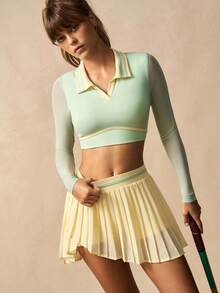 VARSIVA Women's Light Green Color-Blocked Polo Collar Mesh Long-Sleeved Short Top And Yellow Color-Blocked Pullover Pleated Skirt With Built-In Jumpsuit Shorts To Prevent Wardrobe Malfunctions, Tennis-Style Sportswear Set. - Multicolor - View 6