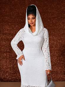 Maweii Váy bodycon đuôi cá tay dài khoét sâu ren mỏng cỡ lớn - trắng - Xem 5