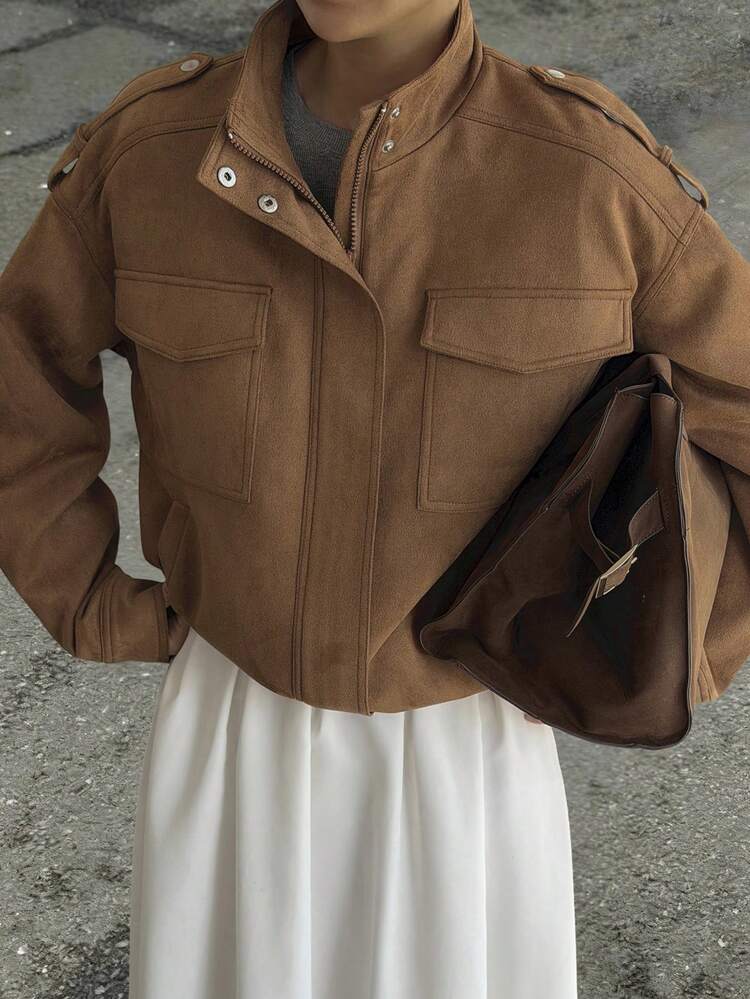 Women's Casual Suede High Collar Jacket, Autumn/Winter Y2k