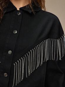 WESTFADE 100%纯棉牛仔水钻流苏卡车司机夹克，冬季、波西米亚风、西部风、节日、圣诞节、新年、纳什维尔牛仔女郎风、休闲、可爱 - 黑色 - 查看 6