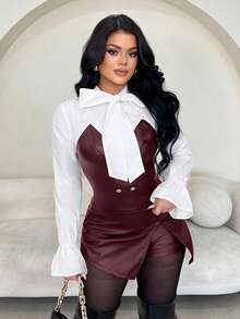 SHEIN SXY Áo sơ mi nơ trắng thanh lịch cổ điển dành cho nữ kết hợp với áo bustier PU màu đỏ tía - Màu Đỏ Sâu - Xem 3