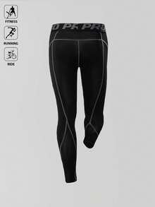 Acti Log Boyfriend Style Men Reflective Letter Graphic Topstitching Sports Tights Breathable Sweat-Wicking 4-Way Stretch Material Minimalist Design Baggy For Gym Compression Sports Tights - Black - View 2