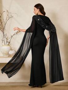 Al Najma Damen Silber Folie Schal Kragen Meerjungfrau Kleid, elegant für Bankette und Partys