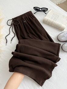 SHEIN EZwear 加大码棕色毛绒保暖舒适休闲抽绳宽松裤 - 棕色 - 查看 9