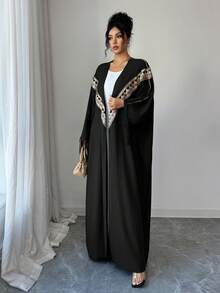 SHEIN Najma Loose Fit Abaya With Fringe Cuffs, Bell Sleeves, Sequin Embroidery And Ribbon Trim