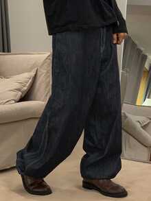 Men's Navy Blue Blue Raw Denim Jeans With Adjustable Elastic Waistband, Autumn - Blue - View 5