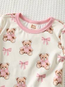 Cozy Pixies 女婴卡通熊印花针织柔软圆领长袖上衣和弹力腰带打底裤两件套睡衣 - 彩色 - 查看 6