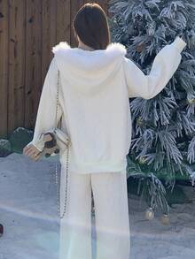 DAZY 女士几何纹理落肩拉链连帽卫衣和裤子休闲宽松两件套家居服套装 - 白色 - 查看 2