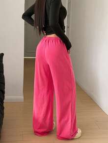 StreetHx 女士街头风复古水洗宽松直筒休闲运动裤，秋季 - 玫紅色 - 查看 2