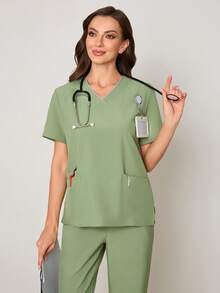 Scrubzie Surgical Gown V-Neck Top & Pants Set - Lime Green - View 5