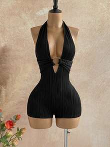 Soleia Combinaison texturée en tricot blanc sans dos avec décoration d'anneau rond, élégante pour Halloween, Noël, vacances, sexy pour femmes