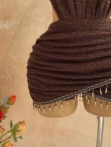 Soleia 女士性感复古图案网纱深V领串珠装饰紧身迷你连衣裙，适合节日派对、圣诞节、约会之夜、夜店、波西米亚风、度假、秋季等场合。 - 棕色 - 查看 6