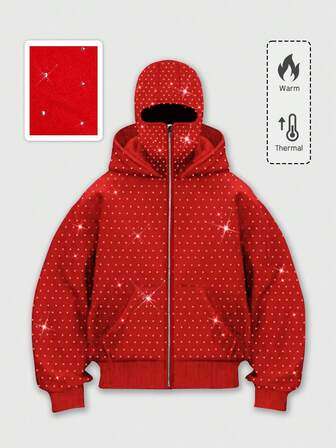 Street Life Sudadera con capucha con adornos de strass elegante para hombres, con bolsillos y cremallera de moda