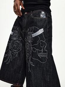 ROMWE MEN Men's Casual Skull Pattern Cropped Denim Jeans - Black - View 5