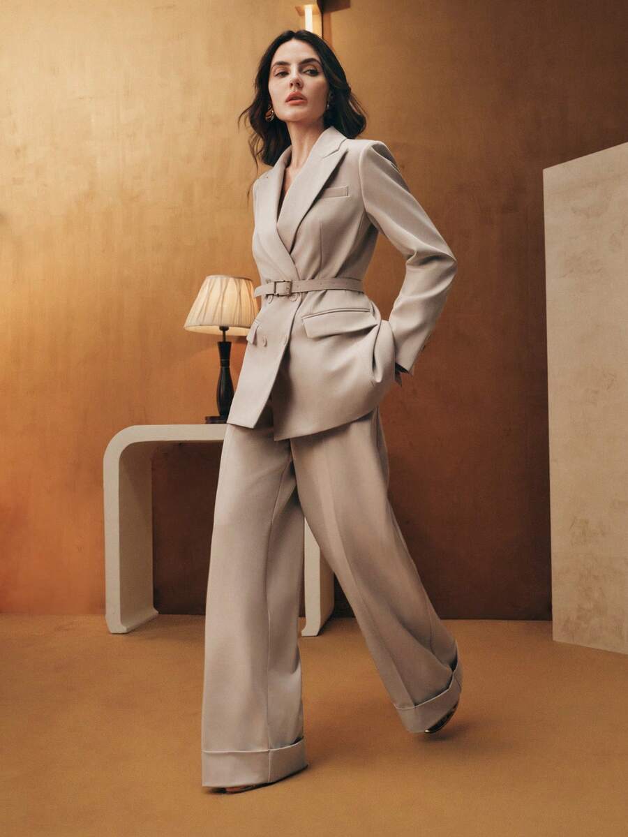 Anewsta 休闲宽松翻领长袖女士西装外套 + 高腰直筒女士西装裤（含腰带），女士套装 - 駝色 - 查看 1