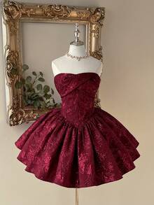 Lovelzi Elegante, romantico e alla moda abito formale con decorazione plissettata sul busto in tessuto jacquard rosso vino, adatto per feste, matrimoni, cocktail, balli - Bordò - Visualizzare 7