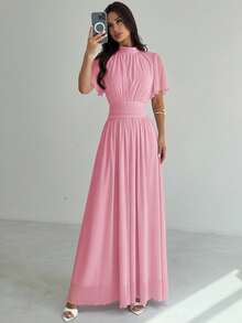 Firerie Women's Elegant Romantic Elegant Daily Commute Beach Vacation Stand Collar Pleated High Waist A-Line Flare Sleeve White Dress - Pink - View 6