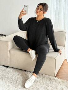 Lounesse 大码女式纯色圆领长袖T恤和打底裤休闲两件套 - 黑色 - 查看 6