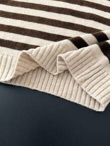 Franclia 休闲宽松V领无袖针织撞色条纹毛衣背心，秋冬款 - 卡其色 - 查看 6