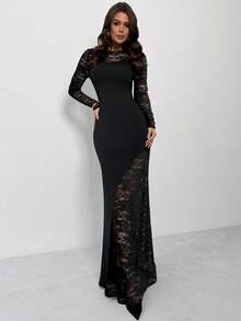 Firerie 优雅性感派对暗黑风黑色蕾丝拼接不对称领口收腰鱼尾长裙，秋冬款 - 黑色 - 查看 6