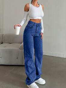 SHEIN Tall Snow Wash Straight Leg Jeans High Rise For Tall - Dark Wash - View 4