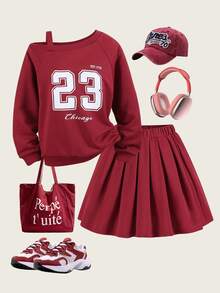 SHEIN ChillGRL 2pcs/Set Teenager Fashion Graphic Letter Print Sweatshirt & High Waist Pleated Mini Skirt,Back-To-School Graduation Sport Autumn Outfits For Girls - Burgundy - View 7