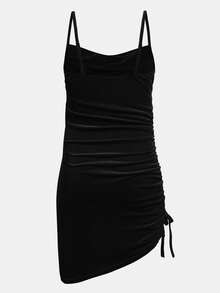 青少年女孩优雅天鹅绒垂领褶皱腰身紧身黑色派对连衣裙 - 黑色 - 查看 4