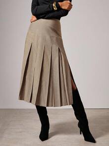 COSMINA Chân váy thường ngày xẻ tà cạp cao có khóa kéo bên hông dành cho nữ - màu nâu - Xem 5