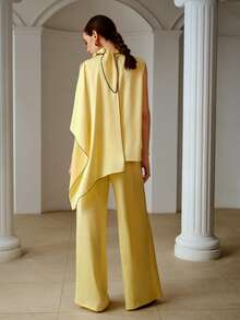 ZEYLAH 两件套荷叶边上衣和抽绳宽松长裤，休闲春夏装 - 鵝黃色 - 查看 3