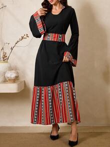 Al Najma Women's Geometric Print Flare Sleeve Elegant Arabic Style Dress - Apricot - View 3