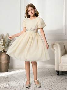 Tween Girls' Elegant Elegant Soft Apricot Puff Sleeve Round Neck Waist Cute Embroidered Floral Belt Decor Fluffy Dress - Apricot - View 4
