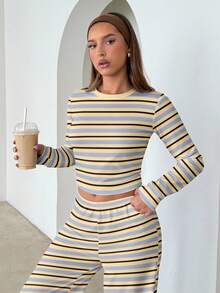 Aloruh Women's Casual Homewear Pajama Set, Includes Striped Crew Neck Long Sleeve Tee And Striped Relaxed Straight Leg Pants, Suitable For Daily Wear, Sports, Autumn/Winter