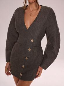 Avenya Vestido corto casual de uso diario/trabajo con cuello cruzado, mangas farol y botones metálicos delanteros para mujer, primavera/otoño - Café integral - Ver 5
