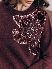 Anewsta Elegant Chic Autumn/Winter Sweater With Embroidered Sequin & Rhinestone Floral Decor, Round Neck - Bold Plum - View 3
