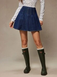 WESTFADE Cotton Blend Pleated A Line Denim Mini Skort Winter, Boho, Western Wear, Holiday, Christmas, NYE, New Year, Nashville Cowgirl, Casual, Cute - Dark Wash - View 1