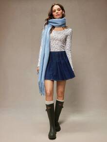 WESTFADE Cotton Blend Pleated A Line Denim Mini Skort Winter, Boho, Western Wear, Holiday, Christmas, NYE, New Year, Nashville Cowgirl, Casual, Cute - Dark Wash - View 3