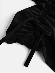 青少年女孩优雅天鹅绒垂领褶皱腰身紧身黑色派对连衣裙 - 黑色 - 查看 3