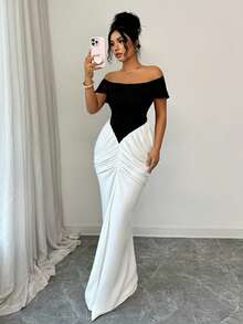 Elenzga Elegante vestido con contraste de color negro y blanco, hombros descubiertos y cintura ceñida - Blanco y Negro - Ver 6