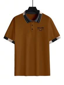 Manfinity Bizformal 男士串珠刺绣罗纹领短袖休闲Polo衫 - 棕色 - 查看 4