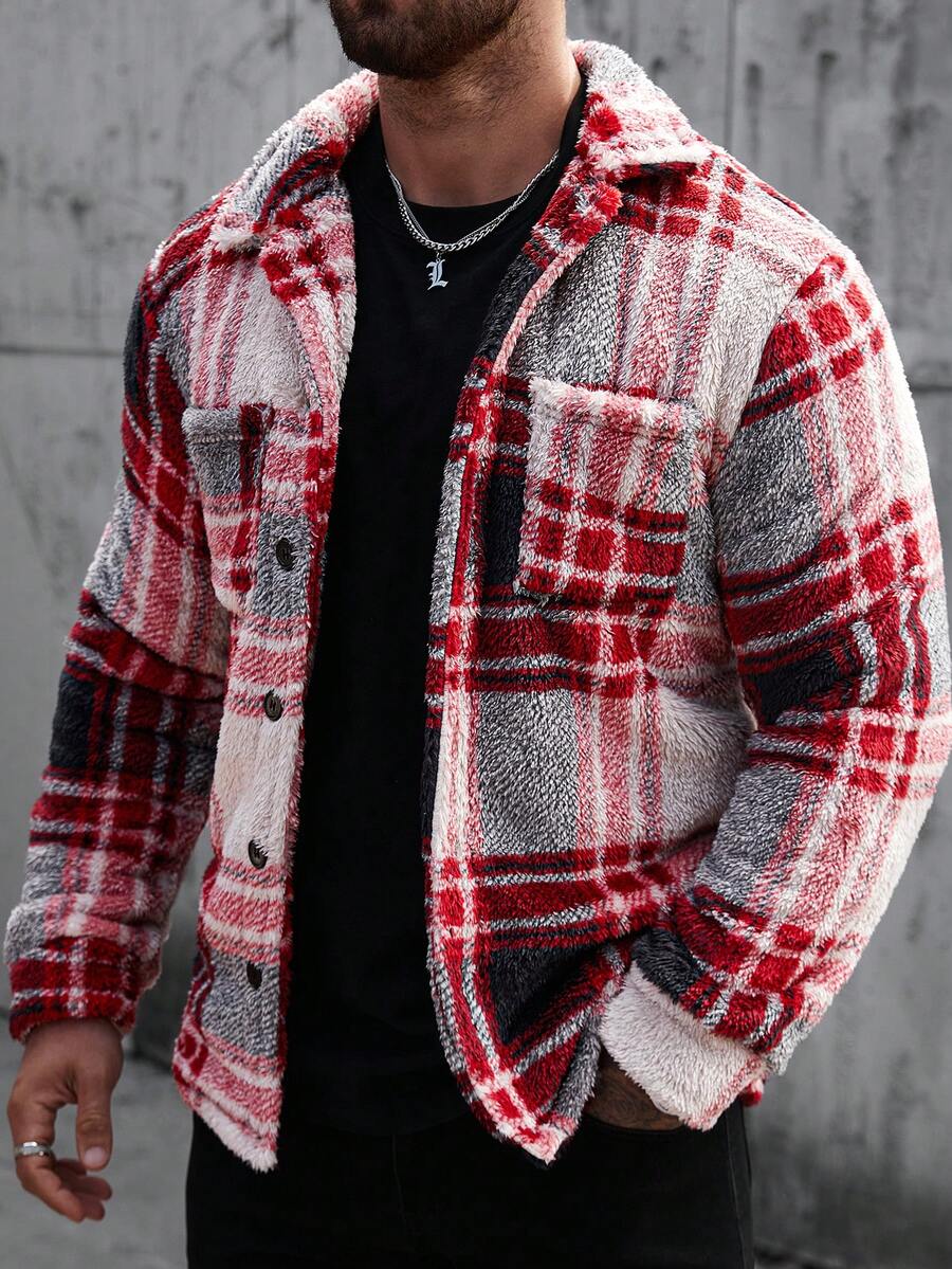 Manfinity CasualCool Chaqueta de forro polar con bolsillo de parche de patrón a cuadros casual para hombres, adecuada para el trabajo y el transporte, otoño/invierno - Multicolor - Ver 1