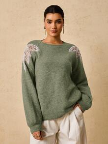 Travachic 秋冬季大码时尚女式串珠套头毛衣 - 綠色 - 查看 3