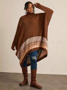 Freevana 大码女式西式高领几何图案长袖宽松前短后长下摆套头毛衣，秋冬款 - 彩色 - 查看 5