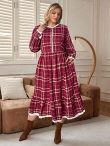 EMERY ROSE Plus Size Women's Vintage Elegant Plaid Print Contrast Lace Trim Waist Midi Dress, Spring/Autumn - Red - View 3