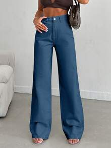 EURMUSE 100%Cotton Women's Pocket Straight Loose Casual Versatile Jeans - Blue - View 4