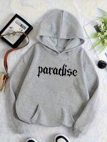 Sudadera Unisex Estilo Vintage Juvenil, Impresión Paradise Letras Góticas, Tejido Grueso y Suave, Gris Jaspe, Diseño Holgado, Capucha, Manga Larga, Otoño Invierno, Diario Casual, Hoodie - Cáñamo gris - Ver 1