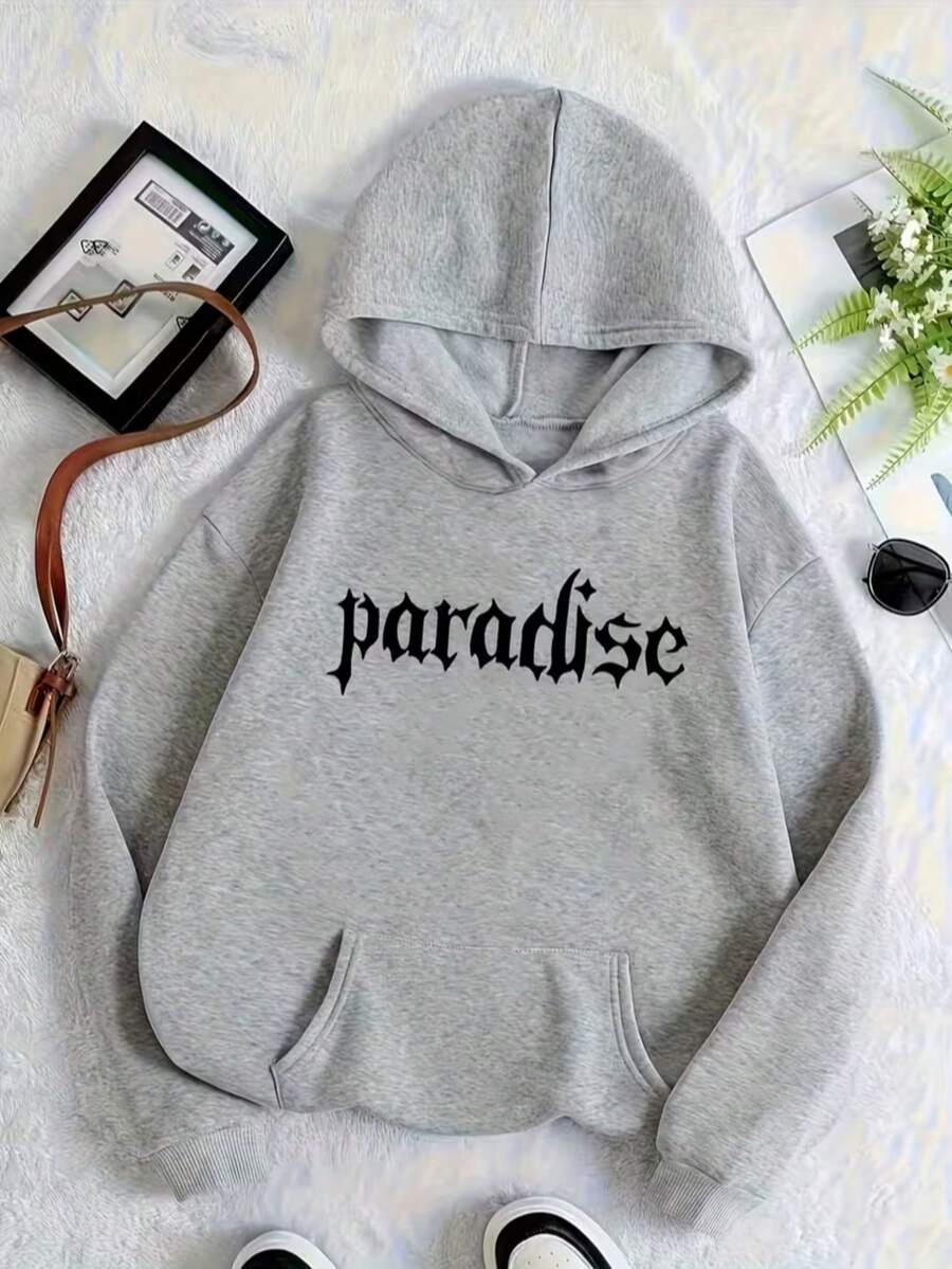 Sudadera Unisex Estilo Vintage Juvenil, Impresión Paradise Letras Góticas, Tejido Grueso y Suave, Gris Jaspe, Diseño Holgado, Capucha, Manga Larga, Otoño Invierno, Diario Casual, Hoodie - Cáñamo gris - Ver 1