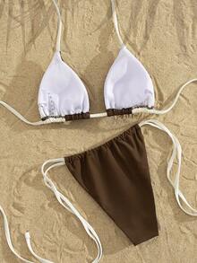 Swim SXY Women's Sexy Beach Vacation Sequin Starfish Patchwork Contrast Color Backless Tie Front Bikini Set Starfish Bikini Brown Bikini Set Tie Bikini Set Starfish Bathing Suit Brown Bathing Suit Women Sea Shell Bikini,Tropical Beach Bikini,Two Piece Bikini Set,Summer 2026 Bikini,Sequin Starfish Bikini,Brown Contrast Trim Bikini,Halter Tie Side Bikini,Tropical Resort Bikini,Glitter Starfish Swimwear,Sequin Embellished Swimwear - Multicolor - View 7