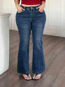 Dazy Plus 深蓝色水洗浅色做旧弹力修身喇叭牛仔裤，优雅通勤款，四季皆宜 - 中等水洗藍 - 查看 8